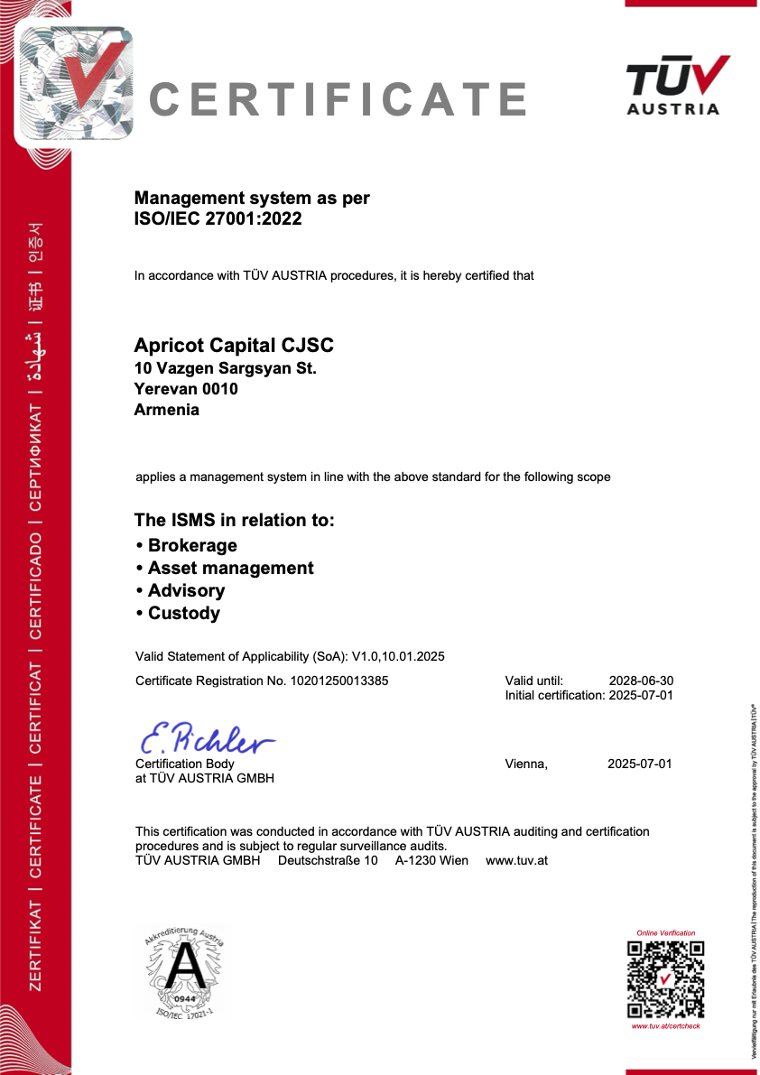 Apricot Capital Obtains Prestigious ISO/IEC 27001:2022 Certification for Information Security
